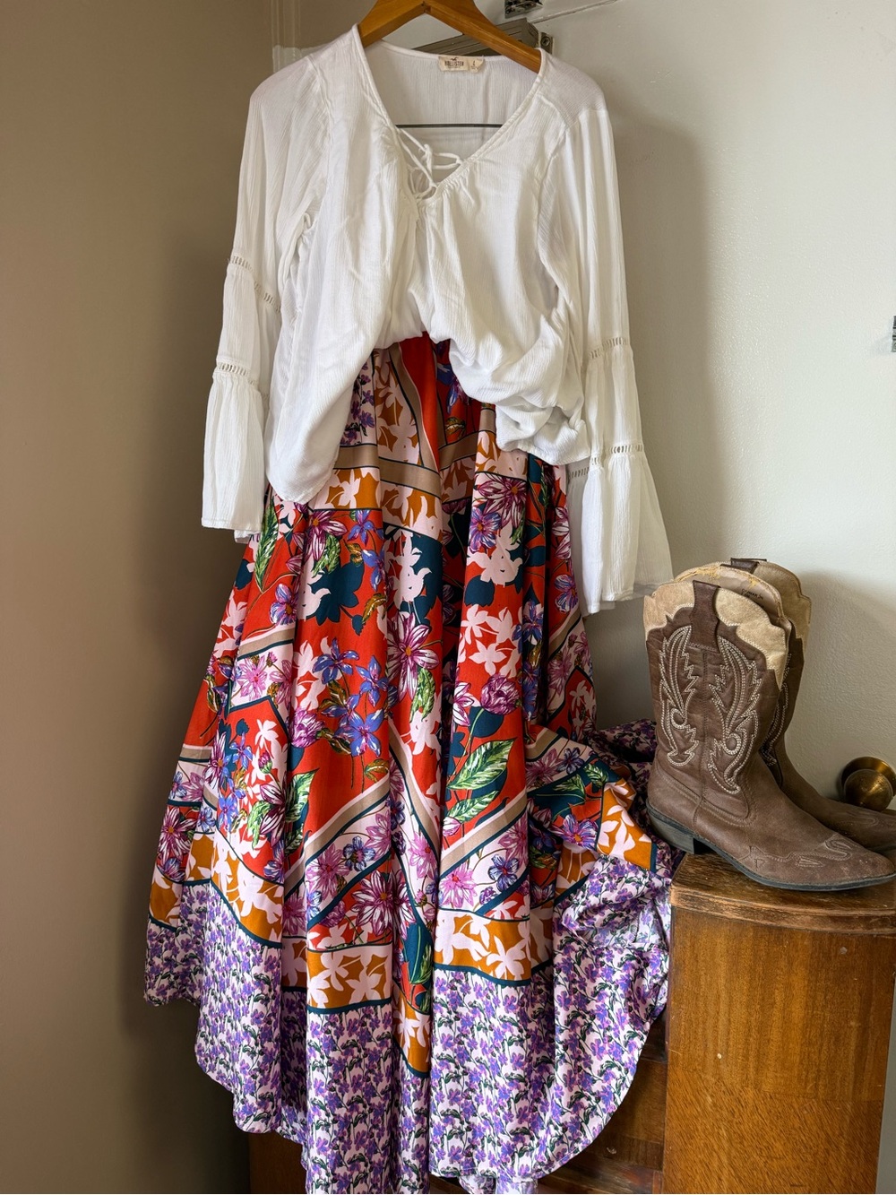 CUPIO Mixed Floral Boho Maxi Skirt Patchwork Print Flowy Elastic Waist Size S